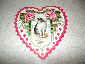 Biglietto San Valentino gatto grigio oro e fiore in rilievo anni 20 o 30 qualche segno di usura cuore - Foto 1 di 6