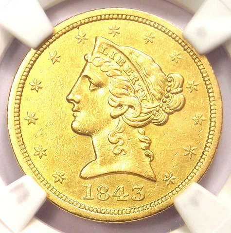 1843-O Liberty Gold Half Eagle $5 Coin - NGC Uncirculated Detail (UNC MS) - Rare Cover