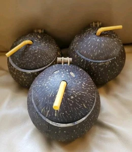 Set of 3 Coconut Drink Holder Tiki Bar Tropical Cocktail Cups Lids & Straw - Picture 1 of 7