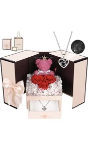 Preserved Rose Moss Bear with 100 I Love You Necklace Valentine's Day Gift Women - Picture 1 of 7