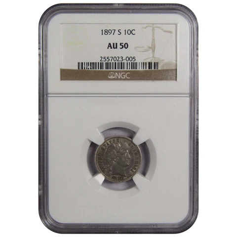 1897 S Barber Dime AU 50 NGC 90% Silver 10c US Type Coin SKU:IPC7207 Cover
