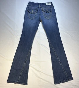True Religion Women's 27 FLARE Denim Jeans Low Rise Twisted Distressed Flap USA - Picture 1 of 12