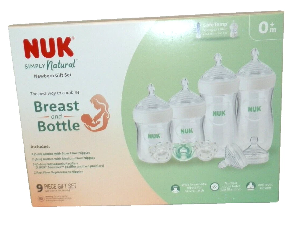 Nuevo NUK Simply Natural Recién Nacido 9 Piezas Set de Regalo 4 Botellas 3 Chupetes 2 Reemplazar Foto 1 de 1