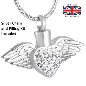 Angel Wings Heart Cremation Urn Pendant Ashes Necklace Funeral Memorial - UK . - Picture 1 of 4