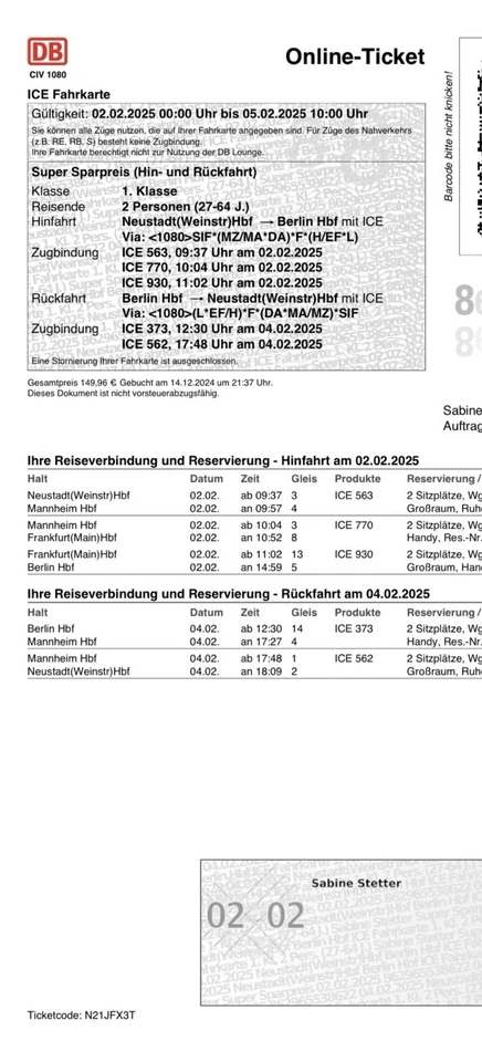 Zugfahrkarte Nach Berlin Von Neustadt , auch Mannheim am 2.2.25  - Bild 1 von 1