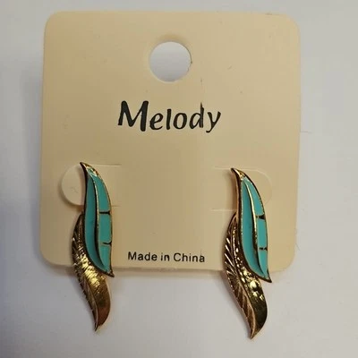 Earrings Stud Dangle Feather Leaf Shape Teal Green And Gold Tone 1.38" Drop  - Image 1 of 4