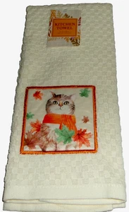 FALL/THANKSGIVING KITCHEN TOWEL ~ 15" X 25" ~ CAT WITH FALLING LEAVES - Picture 1 of 1