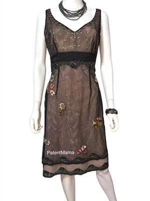 Vestido para mujer Adrianna Papell negro de malla transparente bordado floral con cuentas talla 10 Foto 1 de 4