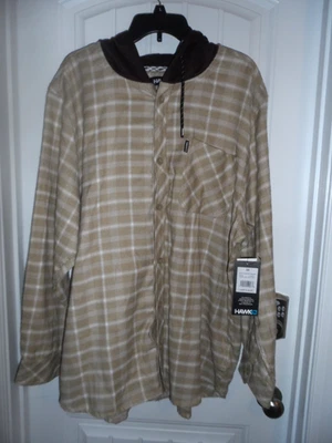 Cool Tony Hawk men's size 3X tan white plaid button up hooded flannel shirt NWT - Image 1 of 4