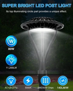 LED Post Top Light 80W 11200LM Dusk to Dawn Outdoor Circular Area Pole Light ETL - Picture 1 of 8