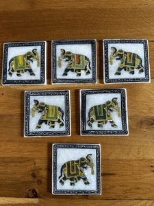 Hand-Painted Elephant Quartz / Marble Tiles 6 Vintage Indian Home Decor 8x8cm - Picture 1 of 6