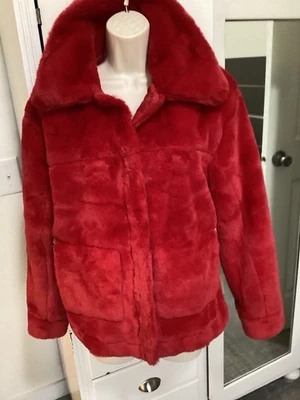 JouJou Oversized Red Plush Faux Fur Teddy Jacket Womens Small Front Pockets - Image 1 of 4