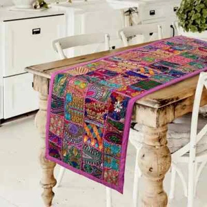 Indian Cotton Patchwork Table Runner Embroidered Dining Purple Table Tapestry - Picture 1 of 4