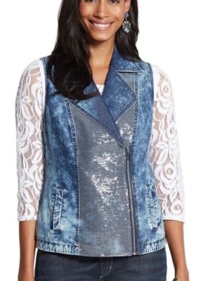 NEW CHICO'S Size 1 (Medium, 8) PLATINUM Denim Vest Sequin Zip Moto True Blue - Image 1 of 4