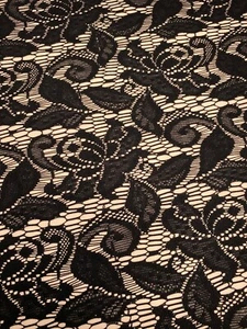 Stretch Peach Black Floral Pattern Bonded Lace Dressmaking Fabric - Per Metre - Picture 1 of 7