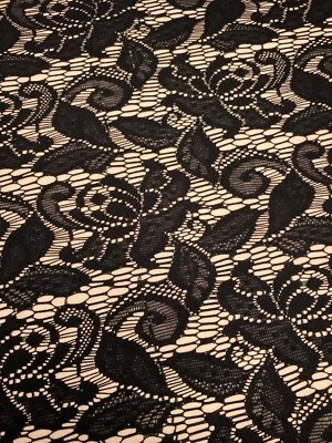 Stretch Peach Black Floral Pattern Bonded Lace Dressmaking Fabric - Per Metre - Image 1 of 4
