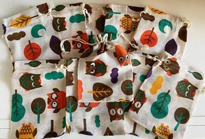 Bundle 10pcs Owl and Tree Print Drawstring Gift Bags Natural Linen Pouch Bag - Picture 1 of 5