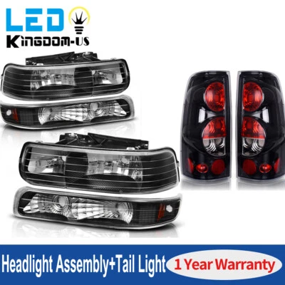 Black Headlights + Bumper Lamps + Tail Lights Set For 99-02 Silverado 1500 2500 - Image 1 of 4