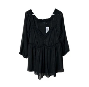 Top manica blusa chiffon arricciato torrido nero babydoll 1X nuovo con etichette filo metallico - Foto 1 di 10
