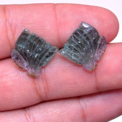 2 Pcs Natural Tourmaline Carved Pair Beautiful Bi Color Huge Gemstones 15mm*14mm - Image 1 of 3