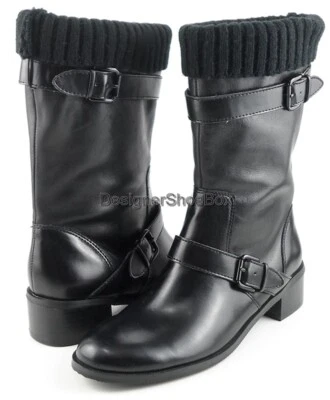 $139 Botas ELLEN TRACY TEDDY Cuero Negro Tejido Borde Diseñador Media Pantorrilla 5.5 Foto 1 de 4