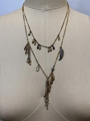 Betsey Johnson Feather Charm Multi Strand Necklace Y2K 90's style Gold Tone - Image 1 of 4