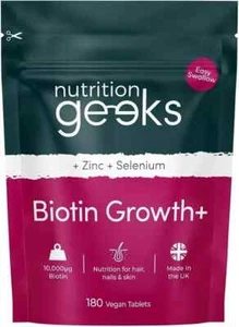 Nutrition Geeks Biotina Crecimiento Zinc y Selenio, Cabello Piel Uñas 180 Comprimidos Veganos - Imagen 1 de 6