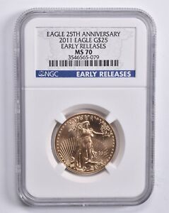 MS70 2011 $25 American Gold Eagle ER 1/2 Oz. Gold Eagle 25th Anniv. NGC US *566