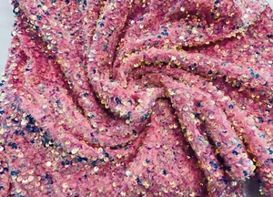 Clear 5mm sequins on A Pink Stretch velvet 2 way stretch,yard - Picture 1 of 1
