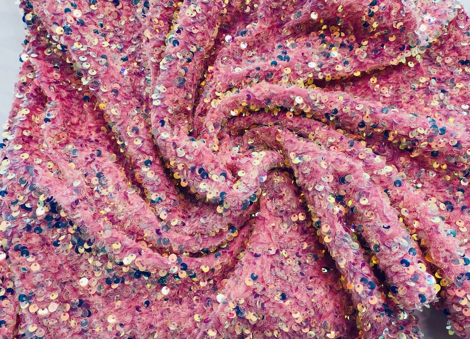 Clear 5mm sequins on A Pink Stretch velvet 2 way stretch,yard - Image 1 of 1