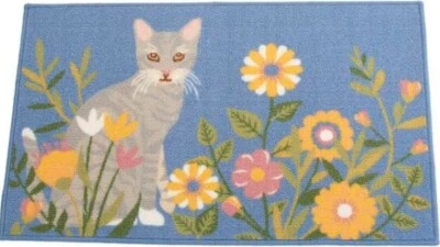 Alfombra de nailon estampada con acento de cocina (17"x28") un gato y flores de primavera en azul, sin reserva Foto 1 de 4