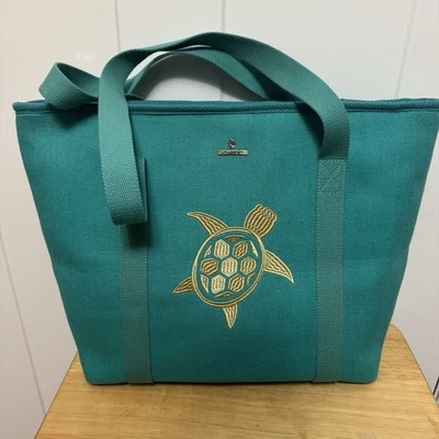 NUEVO Bolso de Mano Spartina 449 Grande Azul Turquesa Cremallera Lona Forrado Bordado Tortuga Foto 1 de 4