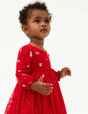 Marks & Spencer Baby Red Cotton Knee length Babydoll Baby Dress - M&S - Image 1 of 4