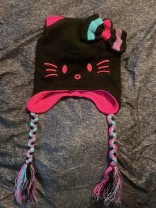 HELLO KITTY Kids Beanie Knit Hat Black and Pink with Soft Fleece Lining 2015 - Picture 1 of 5