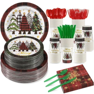 350 Teile Weihnachten Pappteller und Servietten Set, Büffel Karo Weihnachtsbaum Dispo... - Bild 1 von 7