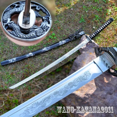 Full Tang Sharp Black Japanese Samurai Katana Sword Carbon Steel Dragon Engraved - Image 1 of 4