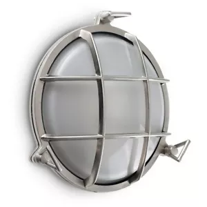 Round Outdoor Wall light Fitting Polished Aluminium Metal Outdoor Bulkhead LED - Picture 1 of 8