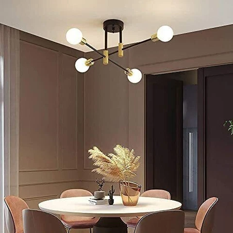 Modern Ceiling Light Fixture Sputnik Chandelier Mid Century Black and Gold Indus Cover
