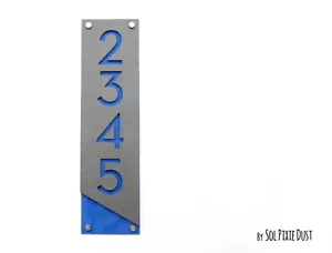 Modern House Numbers,Concrete with Blue Acrylic - Vertical - - Picture 1 of 7