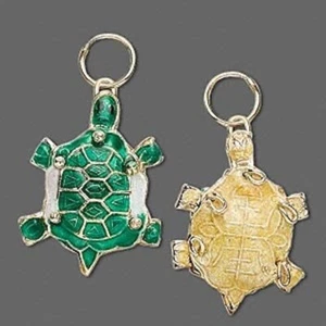 2 Gold Plated Brass Cloisonné Small 18x24mm Green Turtle Charms with Jumpring  * - Picture 1 of 1