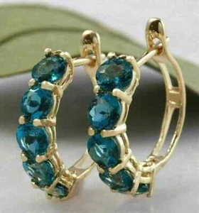 Hoop Earrings 2.00Ct Round Lab-Created London Blue Topaz 14k Yellow Gold Finish - Picture 1 of 4