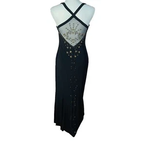 Vintage Dave & Johnny Black Gold Beaded Gown Mesh Detailing Formal Dress Size 8 - Picture 1 of 13