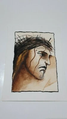 JESUCRISTO SANTO ROSTRO ANÓNIMO NIÑA PINTURA AL AGUA SOBRE PAPEL MARRÓN BEIGE Foto 1 de 4
