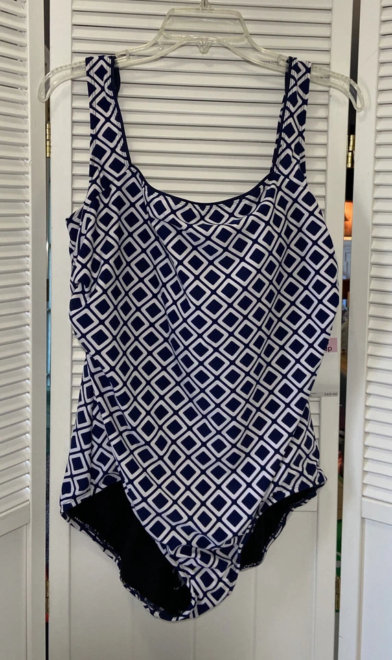 Купальник женский Roxanne размер 16 темно-синий белый 40D-чашка новый с Ярлыками с подкладкой подушечки квадратный вырез - Изображение 1 из 4