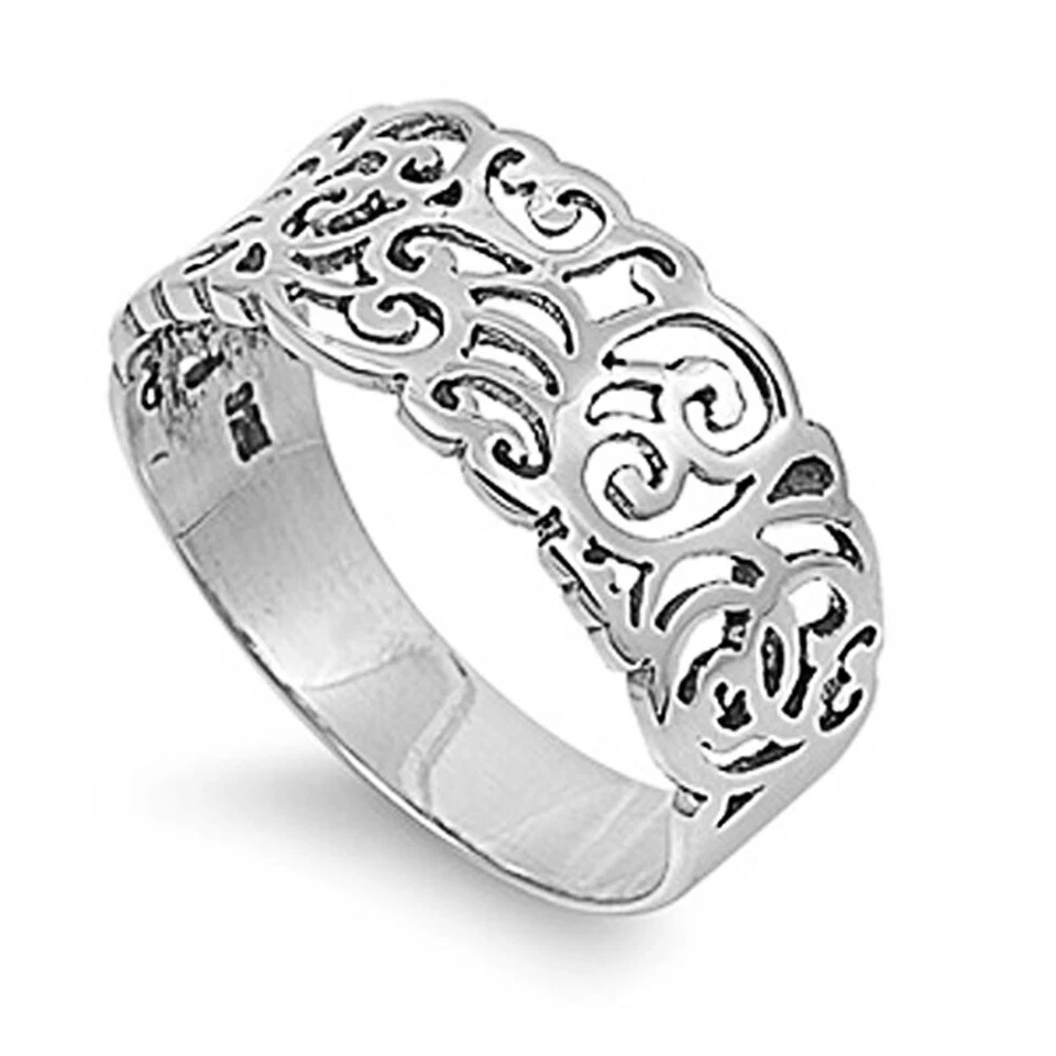 Men Women Sterling Silver Filigree Band 9mm / Free Gift Box - Image 1 of 1