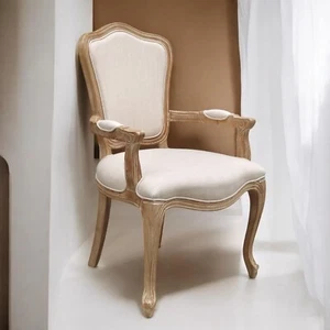 Louis Chair Oak Frame Cream Linen French Dining Chair Home Decor DINING Seating - Picture 1 of 5