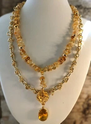 Natural Yellow Citrine Beads & Barbed Chain Two Strand Gold Plated Necklace - Image 1 of 4