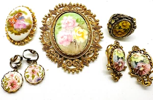 Lote De Colección 5 Piezas Firmado Limoges Pintado A Mano Porcelana Broche FLORENZA Pendientes Etc. - Imagen 1 de 18