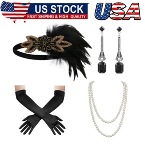 1920s Great Gatsby Accessories Set for Women, Flapper Headband Headpiece Roaring - Picture 1 of 7