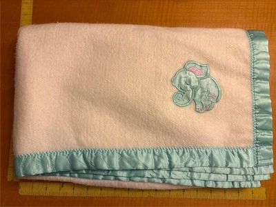 Vintage Acrylic White Baby Crib Blanket Satin Trim Aqua Elephant - Image 1 of 3